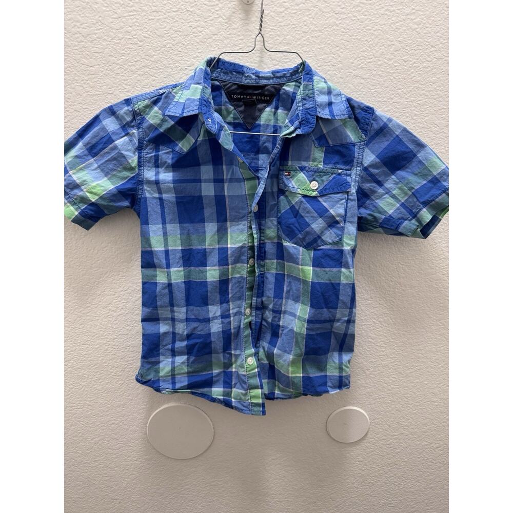 Tommy Hilfiger Boys Plaid Short Sleeve Button-Up Shirt Blue Green Size 8/10